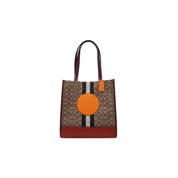 COACH Dempsey 30 Monogram Stripe Logo-Embellished Vertical Tote Bag for Women, Fabric-and-Leather Hybrid, Red-Orange and Brown