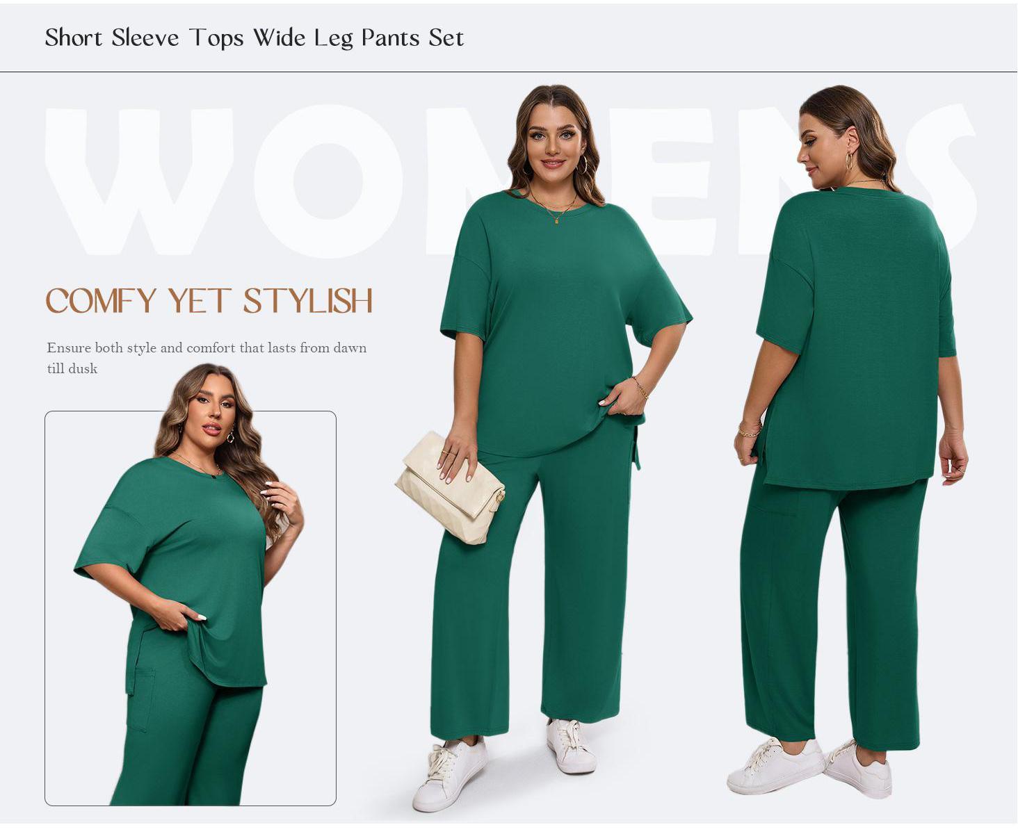 【XL-5XL】Imily Bela Curve Womens Plus Size Lounge Sets Short Sleeve Tops Wide Leg Pants 2 Piece Outfits Tracksuit with Pockets
