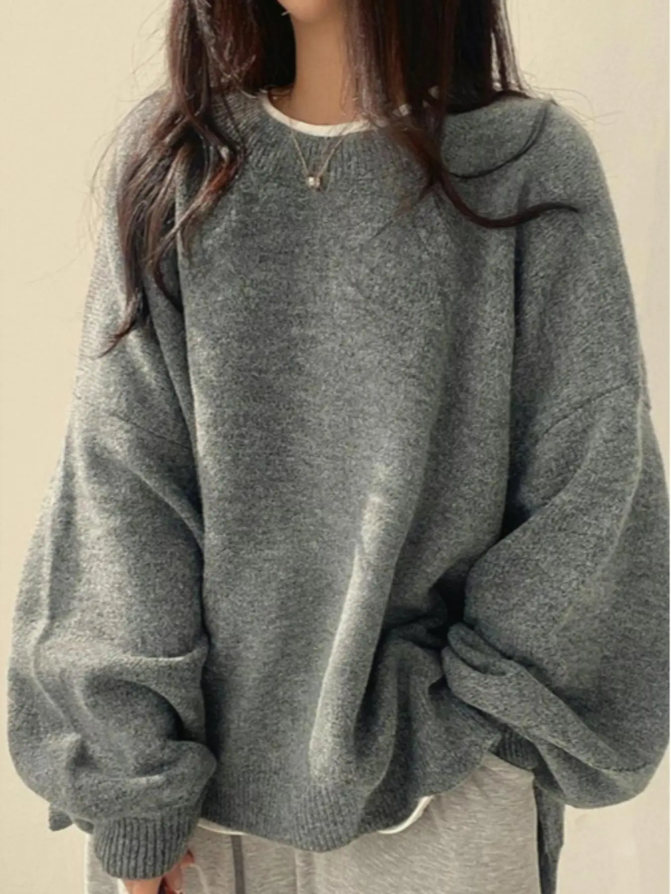 Plus Size Women's Fall Winter Korean Style Knit Sweater, Drop Shoulder Round Neck, Soft Warm Fabric, Loose Lantern Sleeves, Ideal for Valentine's Day