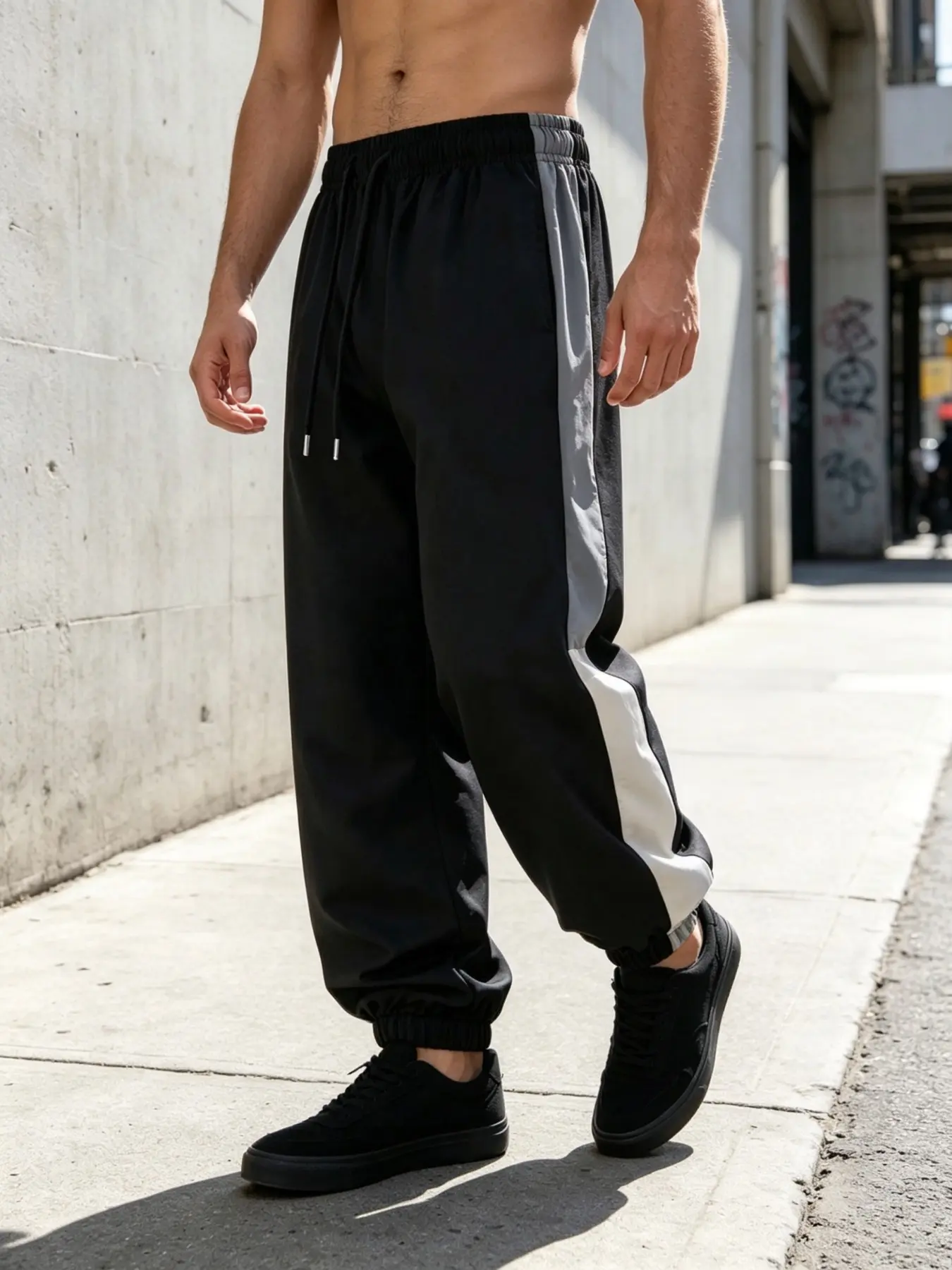 Men's gray-white color-blocked jogger pants with elastic drawstring waist, loose-fitting design for all seasons, casual color-blocked street-style tapered sweatpants