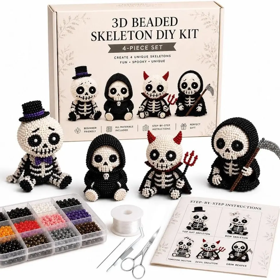 3D Skull Beading DIY Craft Kit, a 4-piece cute handmade skull figurine making set, perfect for Halloween home decorations and creative gifts. A stress-relieving and creative DIY decorative gift, suitable for adults, teenagers, and beginners, DIY Beads