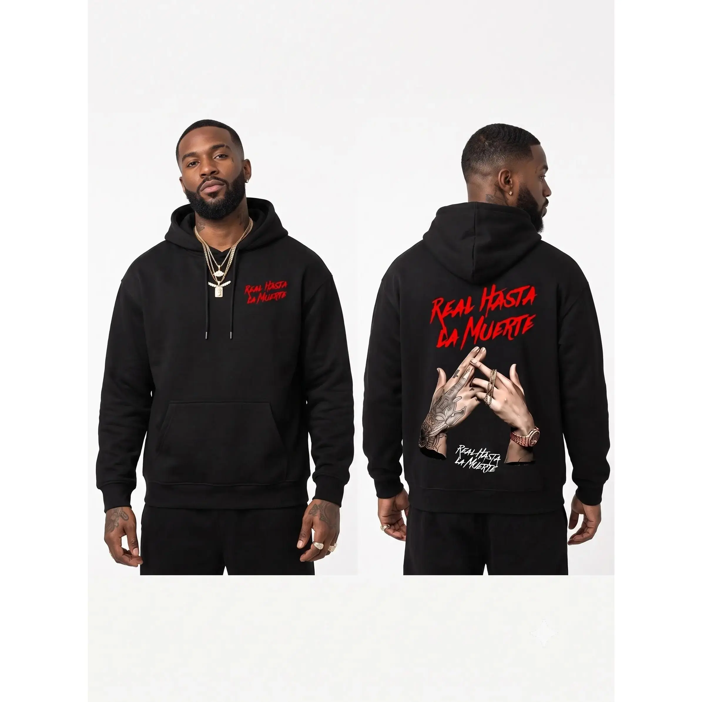 ⛓️ 🖤 Unisex Graphic Pullover Hoodie -  Streetwear Top with 'Real Hasta La Muerte' Tattooed Hands Print, Relaxed Fit