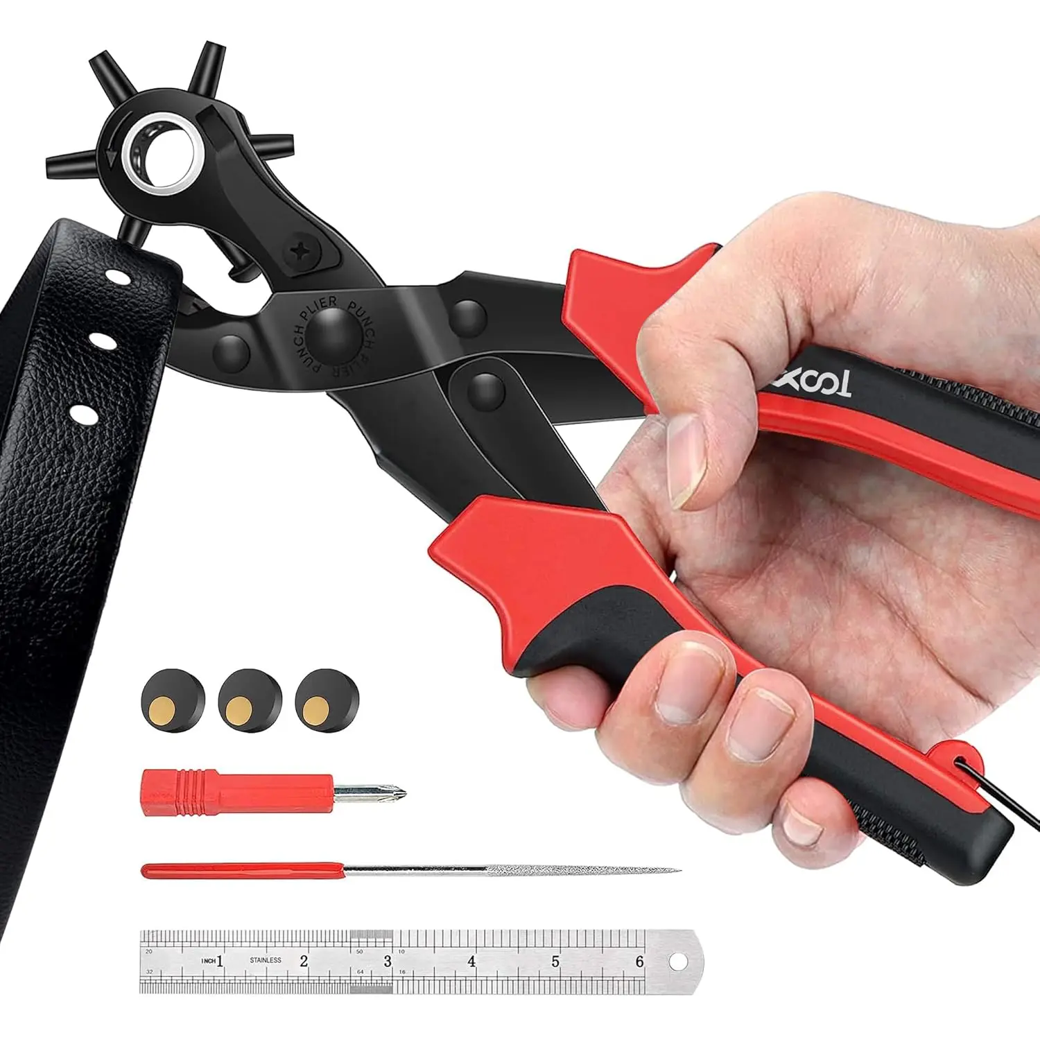 Revolving Plier Hole Punch Kit - Multi-Purpose Hand Tool for Belt, Watch Band, Craft Project Repairs with Adjustable Hole Sizes