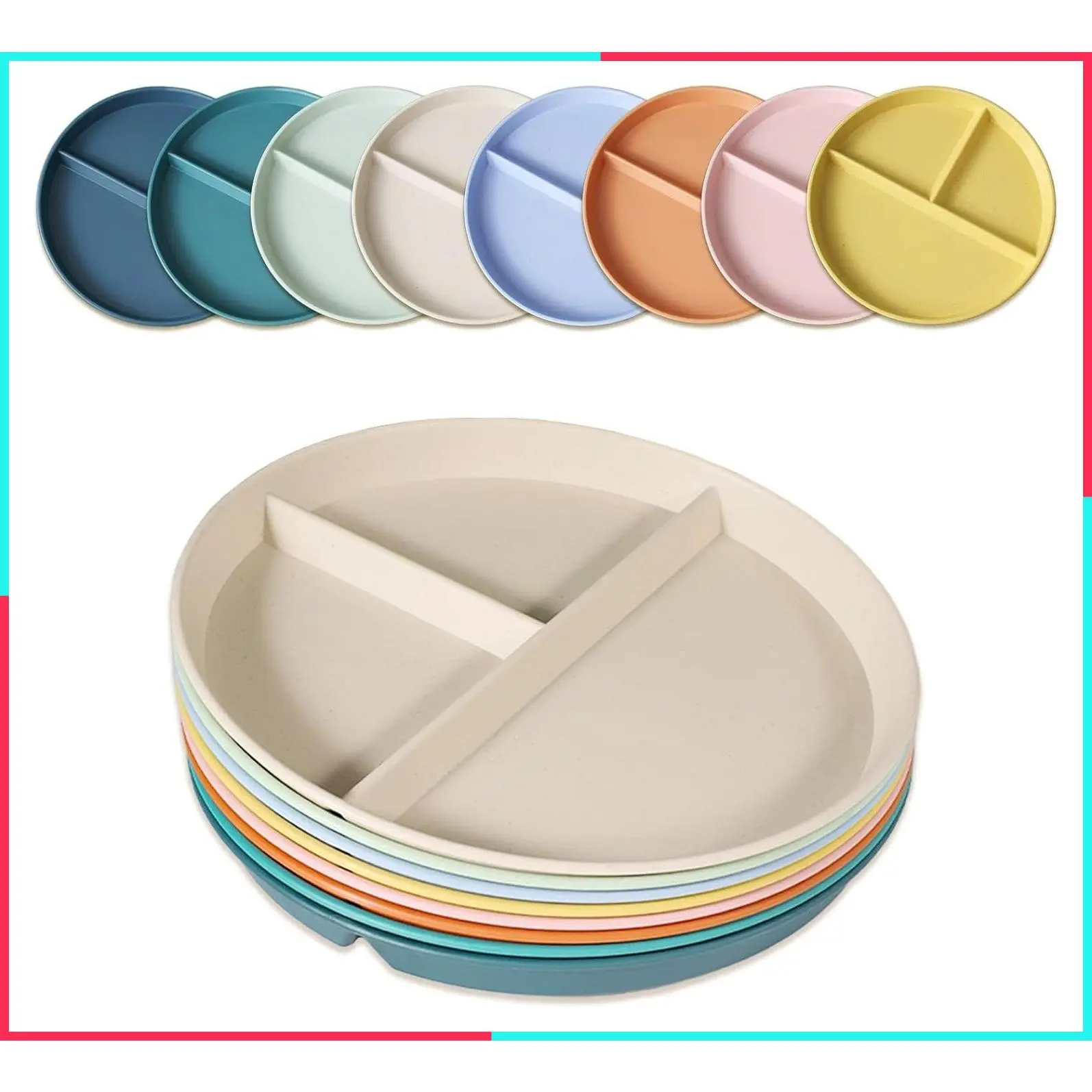 8 Pack Divided Plates for Adults - Unbreakable 9 Inch Portion Control Plates with Compartments, Lightweight BPA Free Reusable Plastic Dinner Plates, Microwave Safe