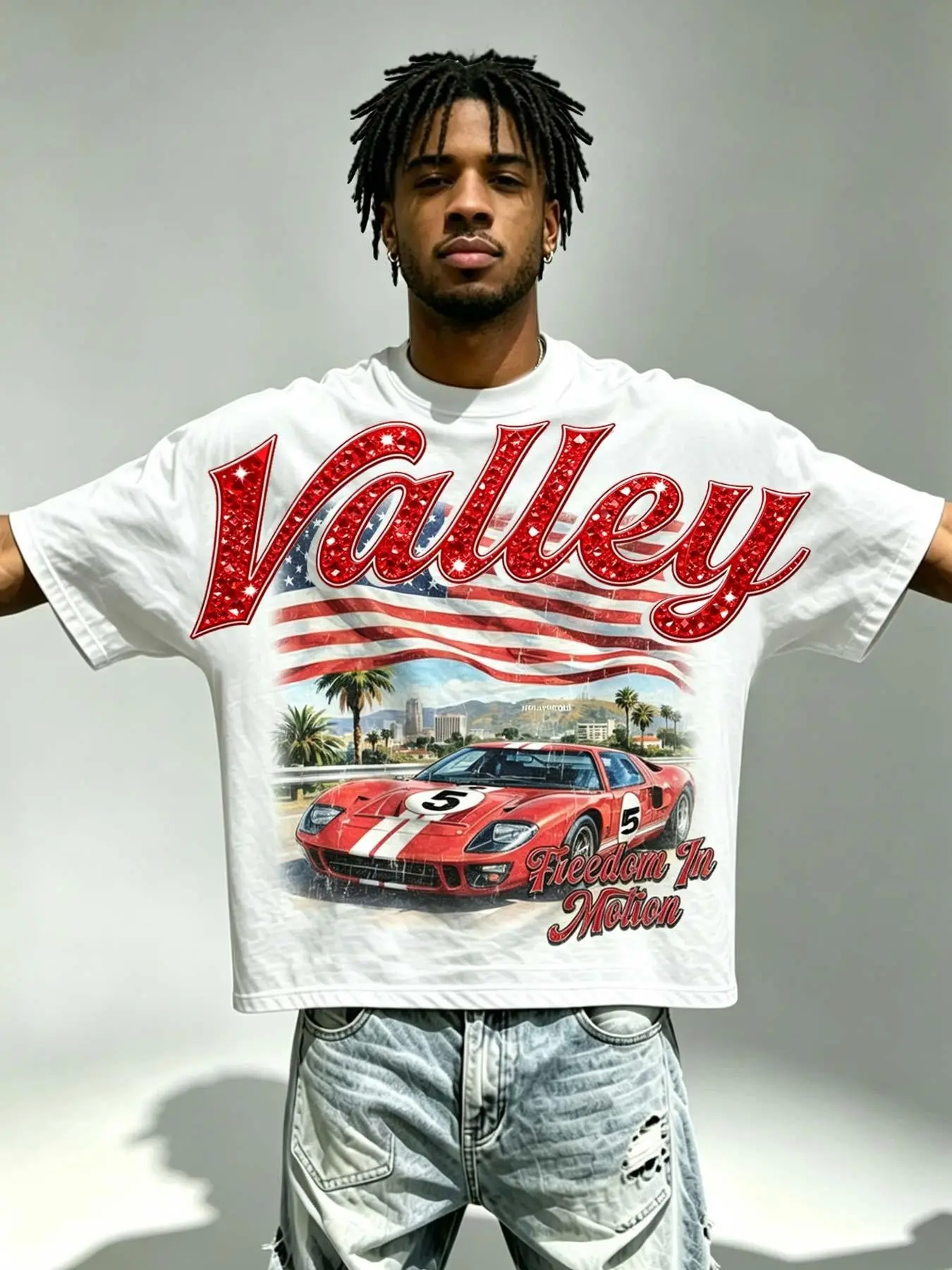 Valley men's short sleeved T-shirt loose fit bat sleeve passionate racing printed short sleeved women's retro car VALLEY slogan summer T-shirt American street style racing clothing short sleeved unisex trendy brand Vintage
