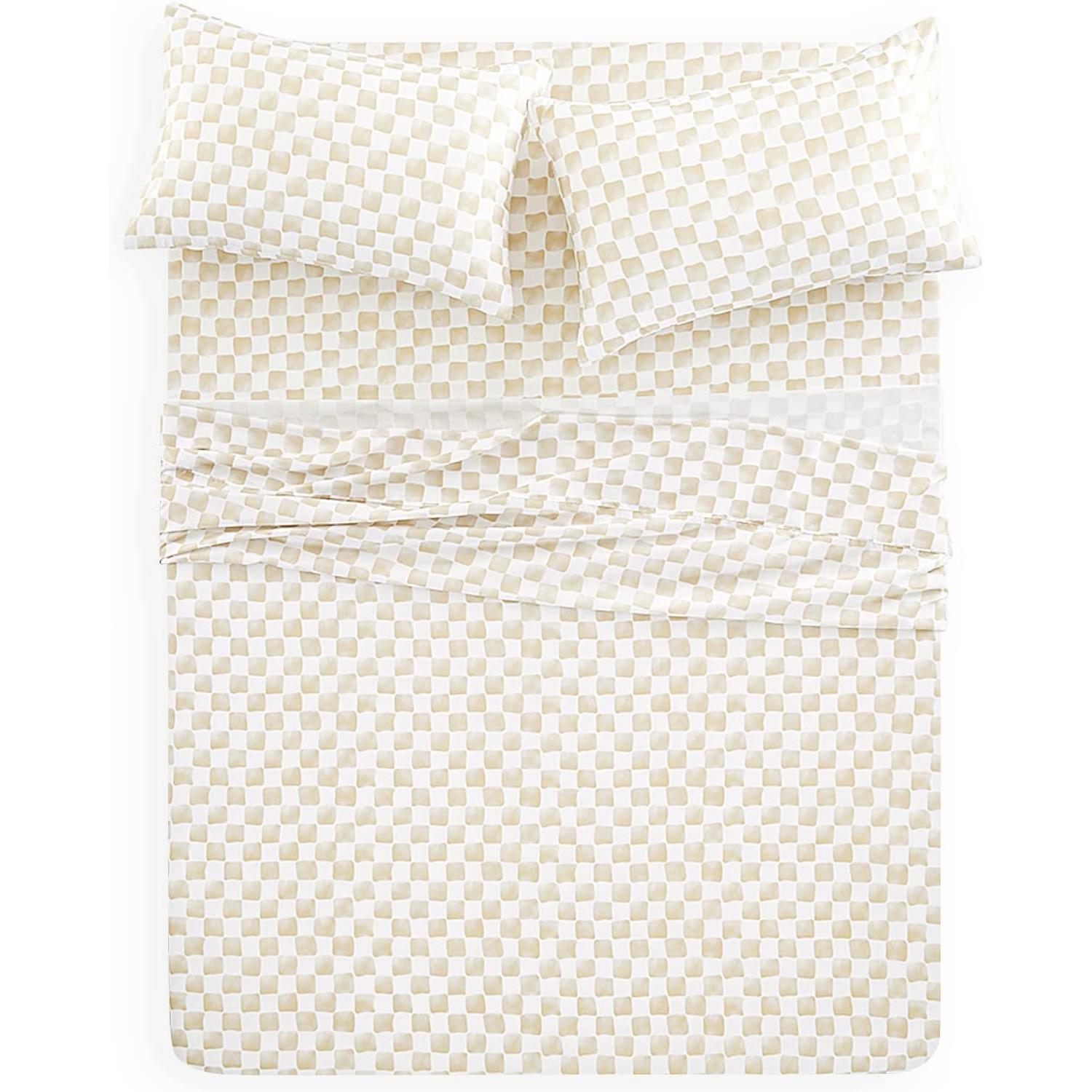 - Ggham Sheet Set, 4- Sheet Set, Checkered Grid Plaid Checkerboard Geometric Preppy Hand Drawn  Prted Beddg, Deep Pocket, Beige White,  Size