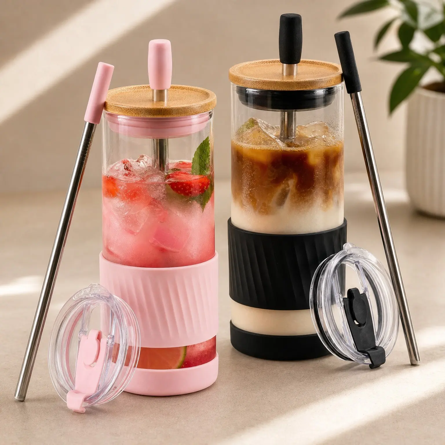 20 Fl Oz Glass Cups with Lids and Straws - Iced Coffee & Smoothie Tumbler with Bamboo Lid and On-the-Go Lid - 2 Count (Pack of 1), Black Saphir-Tender Pink