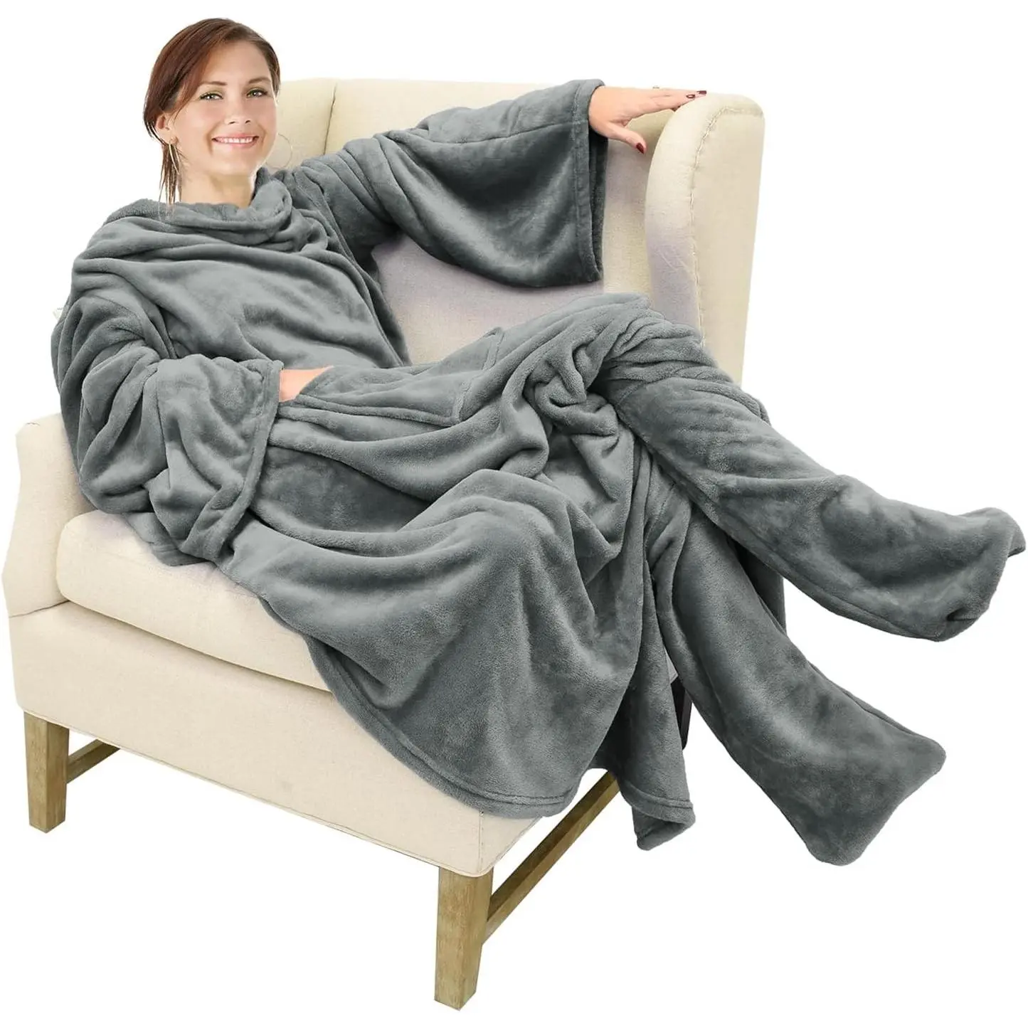 Wearable Blanket with Sleeves & Foot Pocket for Adults | Soft Fleece Throw Wrap with Hands-Free Comfort, Perfect for Reading, TV Time & Relaxing, Christmas Gift for Women & Men