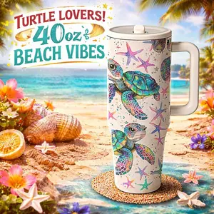 40oz Insulated Tumbler with Handle, Stainless Steel Vacuum Travel Cup with Sea Turtle Ocean Print, Large Capacity Coffee and Cold Drink Cup for Car, Office and Outdoor Use, Includes Lid and Straw