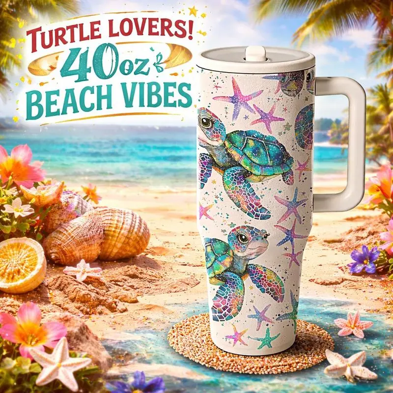 40oz Insulated Tumbler with Handle, Stainless Steel Vacuum Travel Cup with Sea Turtle Ocean Print, Large Capacity Coffee and Cold Drink Cup for Car, Office and Outdoor Use, Includes Lid and Straw