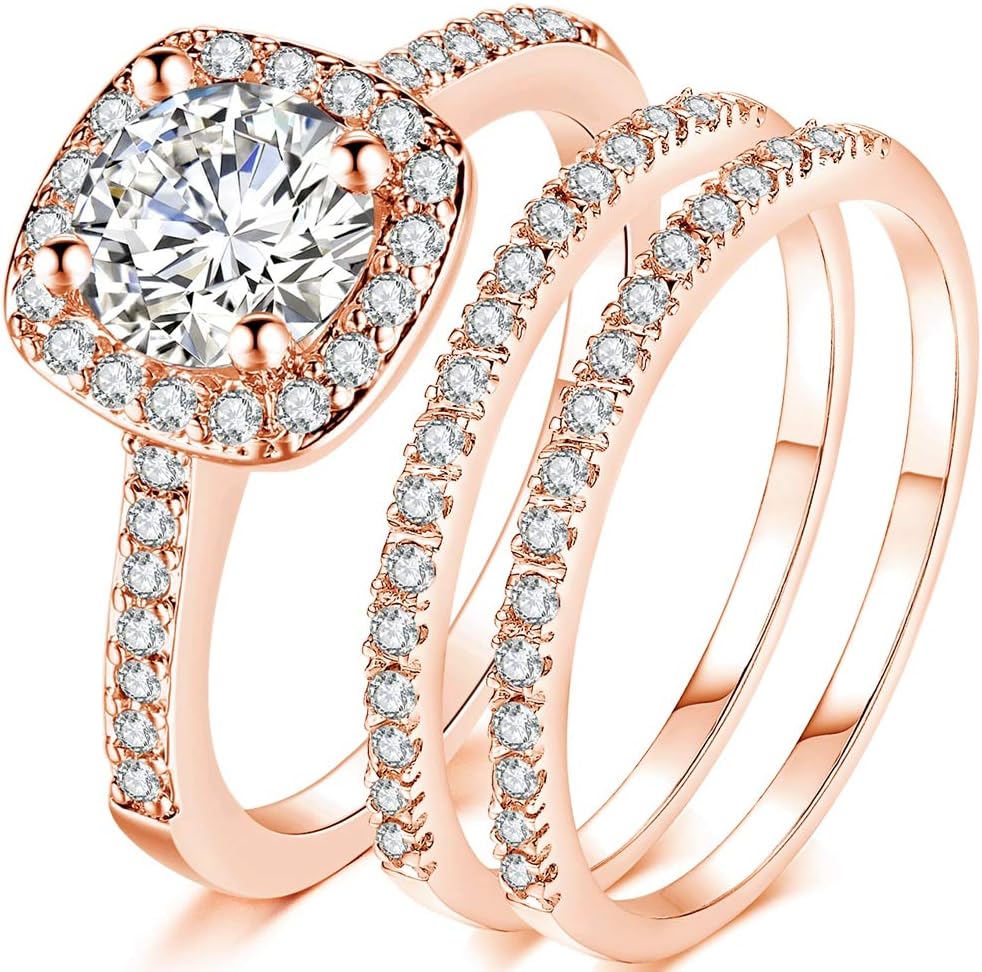 Silver Rose Gold Three-in-One Wedding Engagement Bridal Halo Ring Set