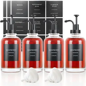 4PCS Coffee Syrup Dispenser, Glass Syrup Dispenser for Coffee Bar w. Labels and Pump, 16.9 oz 500ml Syrup Pump Dispenser, Coffee Bar Accessories Simple Syrup Bottle w. Pump, Ideal Gift