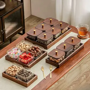 4 Glass Snackle Box with Walnut Tray and Lids Dry Fruit Container Jars Divided Serving Snack Tray , Snackle Box Container Platter for Candy, Condiments Home Entertaining
