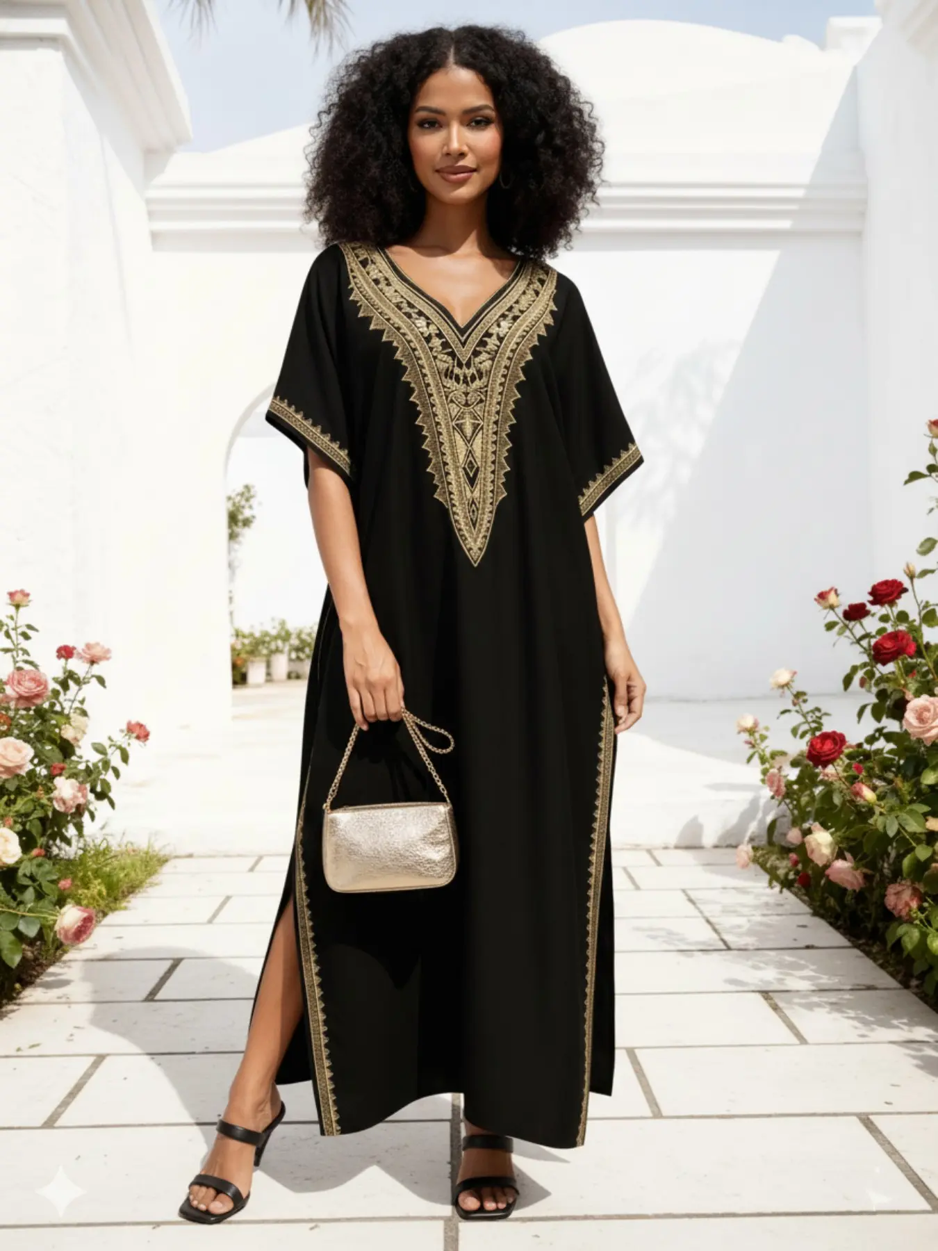 EDOLYNSA Kaftan Dresses for Women Kaftan Style embroidery caftan Women's robe beach dress loose lounge wear casual Homewear comfortable daily wear vacation outfits Boho Casual Modest Modesty Kaftan Q1761
