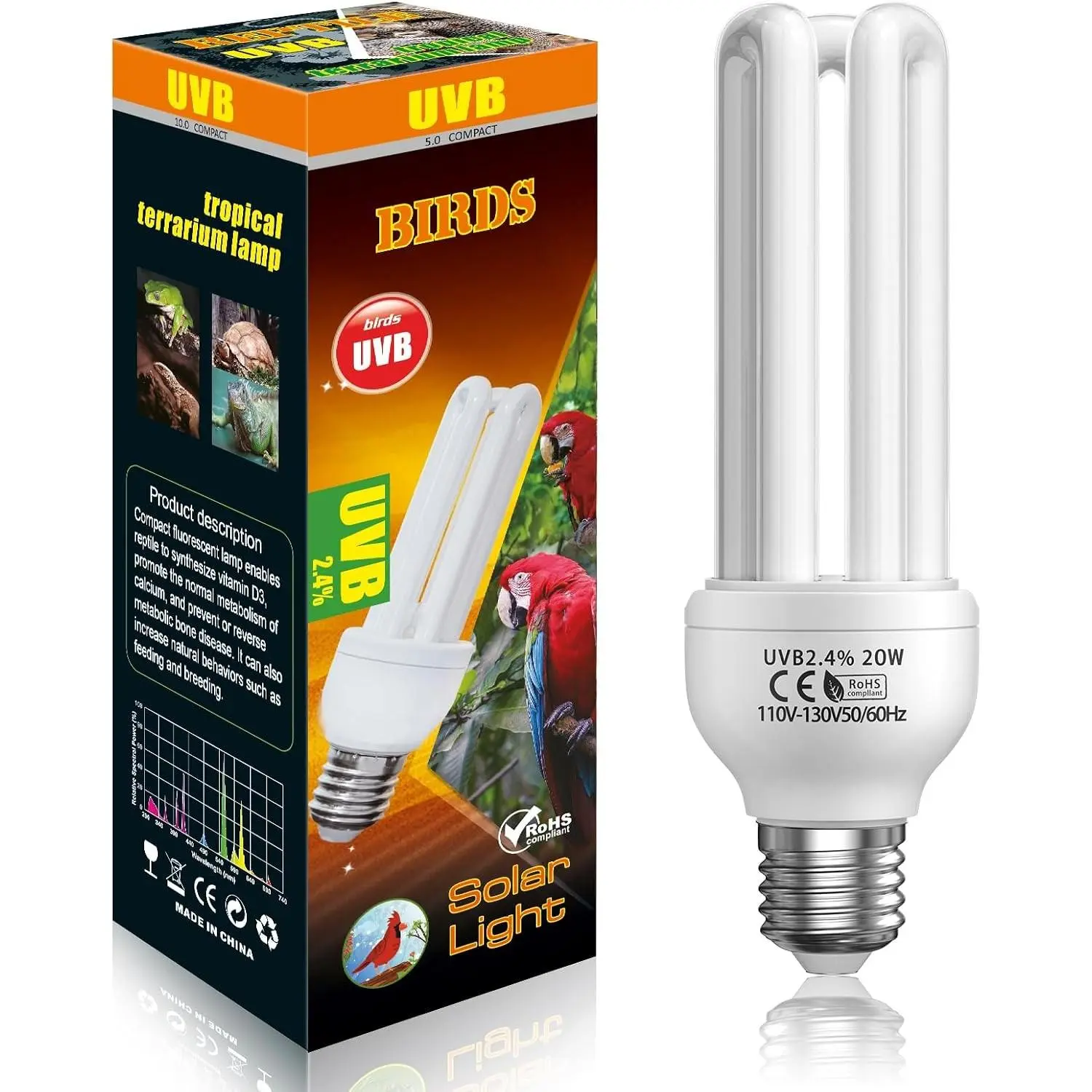 2.4% UVB Bulb for Birds, 20W Compact Fluorescent Light Bulb UVA UVB Bulbs E26 for Captive Birds and Reptiles