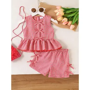 Girls Red & White Plaid Bow Sleeveless Top & Shorts 2-Piece Set - Retro Sweet Style with Eye-Catching Bow Decorations and Exquisite Plaid Pattern. Ideal for summer wear. Kids girls clothing, cute toddler outfits, perfect for daily street looks and outdoor