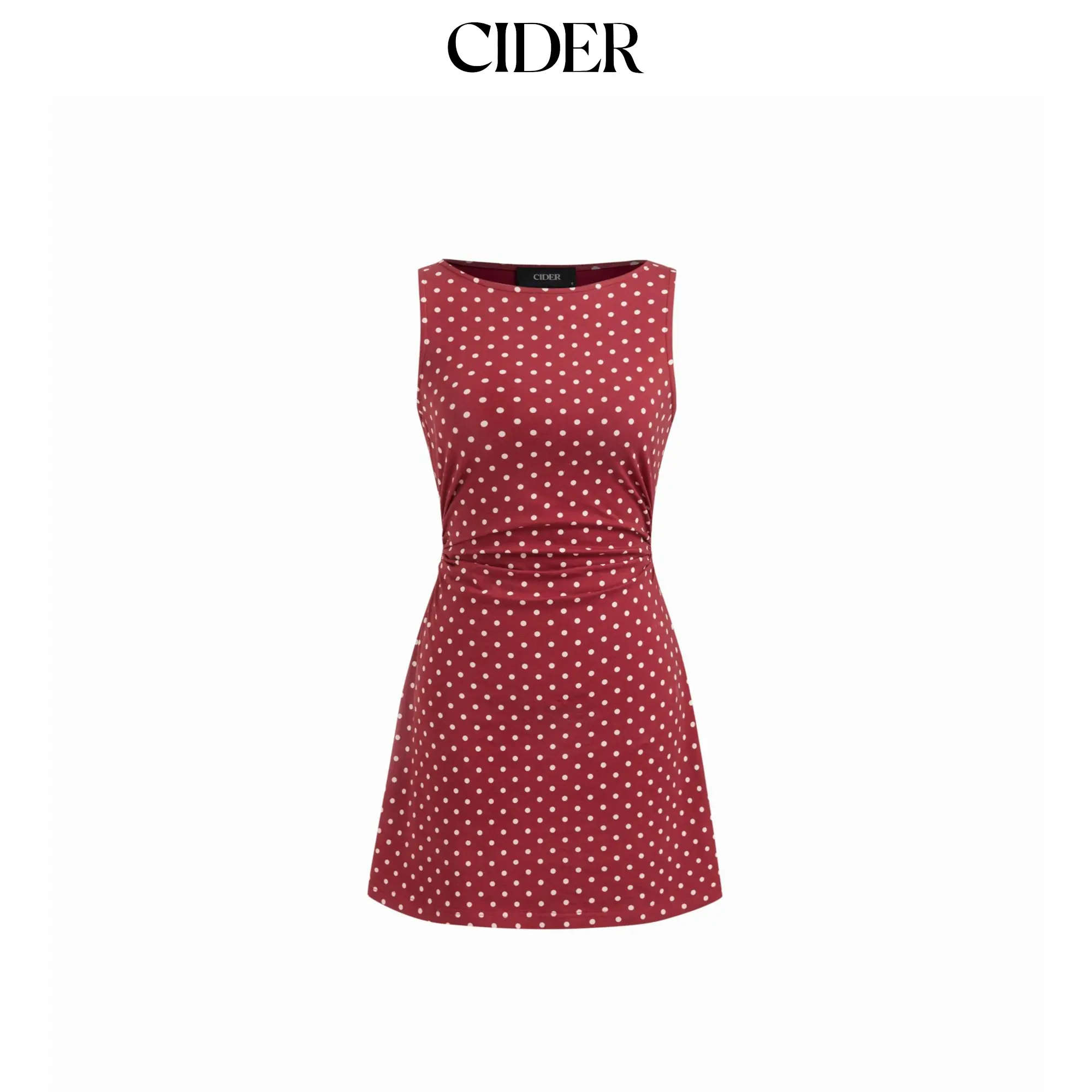 Cider Cotton-blend Boat Neck Polka Dot Ruched Mini Tank Dress SohoChic