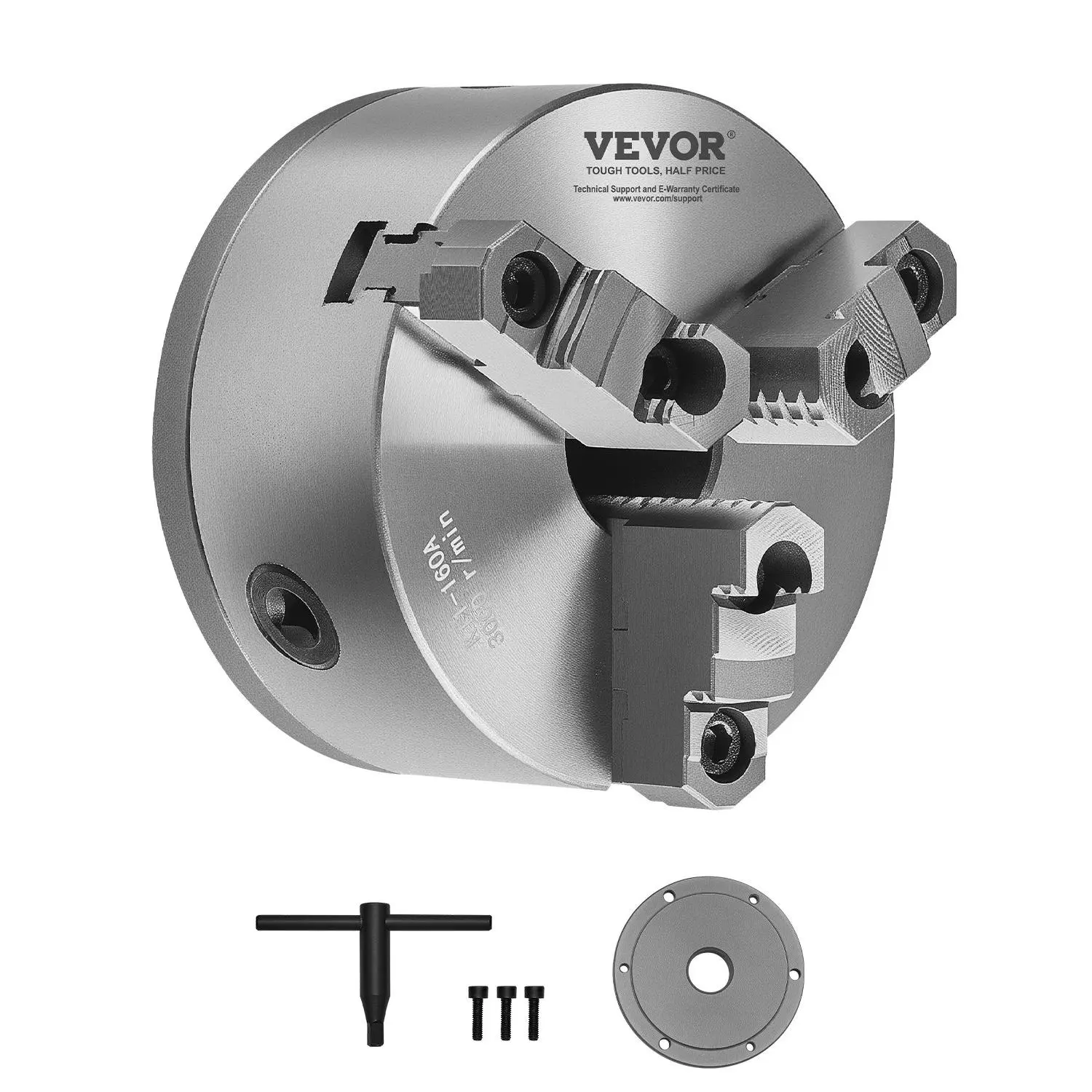 【DealsForYouDays】VEVOR 3-Jaw Lathe Chuck, 6 Inch (160 mm), Self-Centering Chuck with 1 1/2 in-8 Threaded Backing Plate, 0.12-5.71 in (3-145 mm) Clamping Range with T-wrench Screws, HT300 Material, for Wood Metal Lathe