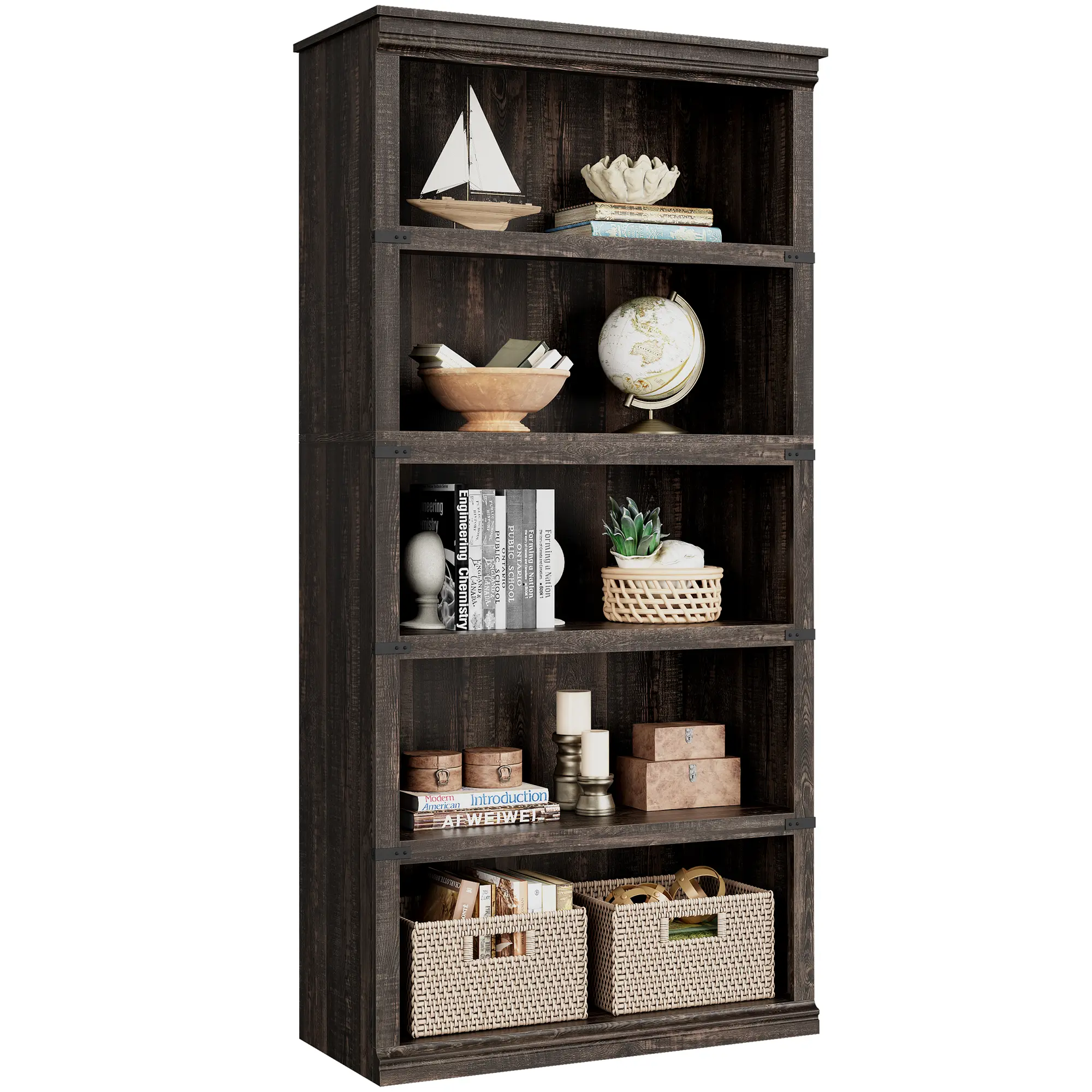 Farmhouse 5-Tier Tall Open Bookcase, Sturdy Wood Display Storage Shelves, 67.4”×31.5”×12.8” Wide Freestanding Bookshelf for Home Office, Living Room & Bedroom