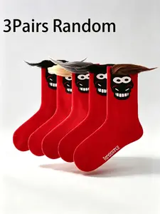 3 Pairs Random 3D Fake Hair Funny Monster Face Crew Socks, Novelty Red Vertical Rib Stackable Mid Calf Socks, Elastic Breathable Weird Fun Casual Socks for Men Women Party Street Trendy Outfits