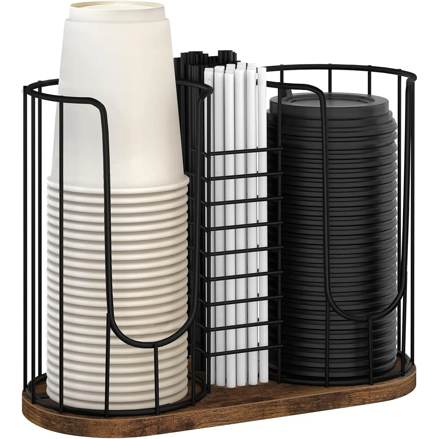 Coffee Cup Holder and Paper Cup Dispenser with Wooden Base - Disposable Cup, Straw, and Cup Lid Organizer, 3-in-1 Storage Rack, Suitable for Countertops, Coffee Bars, Kitchens, and Offices