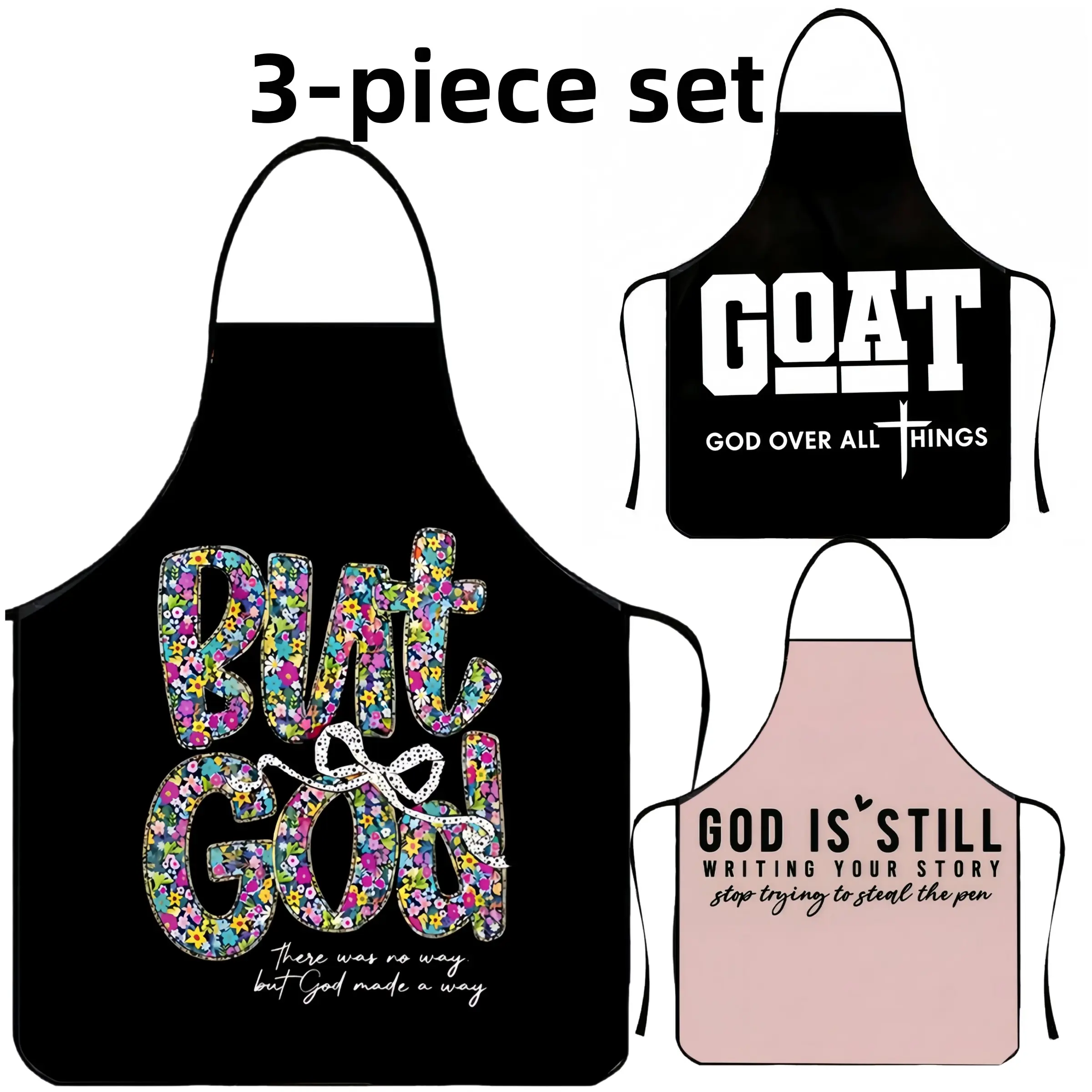 Polyester BUT GOD Print Apron Set, 3-piece set ﻿Christmas Gift Apron,Cooking Apron,BBQ Apron,Garden Tool,﻿Kitchen Essential,Cleaning Tool,Apron for Men&Women