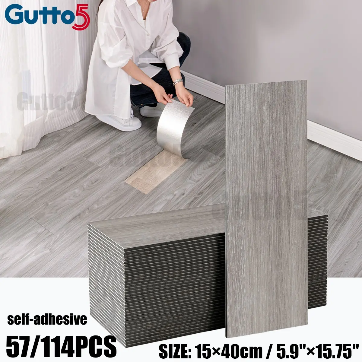 57 pieces/114 pieces of wood-grain self-adhesive floor stickers, 5.91"×15.75", wear-resistant and anti-slip, multiple colors available, suitable for DIY projects, easy to cut, suitable for wall and floor decoration - Gutto5
