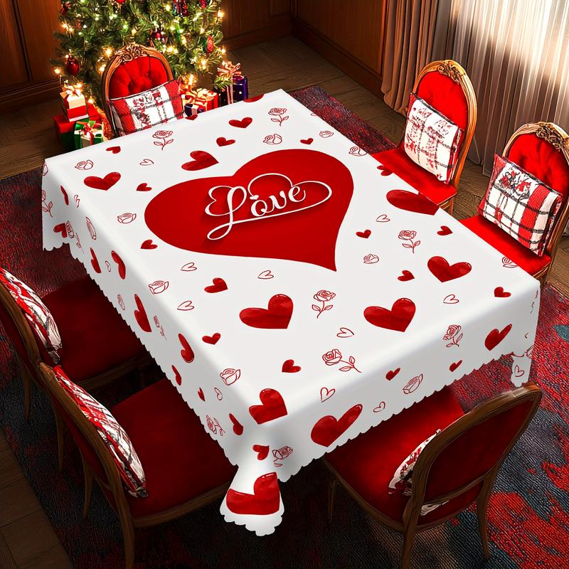 Valentine's Day Tablecloth Set Romantic Heart & Rose Pattern Embossed Edge 100% Polyester Machine-Woven Round & Square Covers for Home Kitchen Patio Solid Color Love Theme Decor