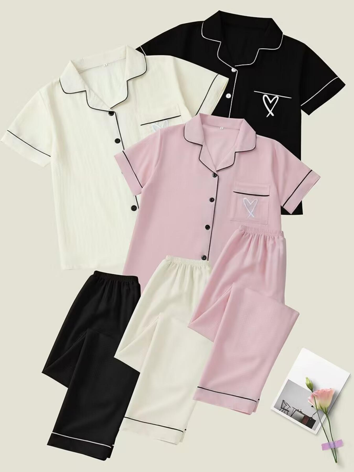 Women's Heart Embroidery Notch Collar Short-Sleeve Pocket Pajama Set, Casual Comfy Shirt & Shorts Sleepwear for All Seasons Women's Heart Embroidery Notch Collar Short-Sleeve Pocket Pajama Set, Casual Comfy Shirt & Shorts Sleepwear for All Seasons