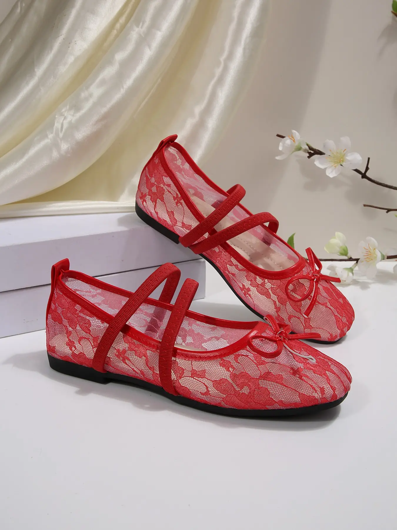 Women's Floral Sheer Lace Bow Double Strap Round Toe Mary Jane Ballet Flats, Ballerina Flats Shoes, Casual All Seasons Shoe, Textile Upper, Rubber Sole