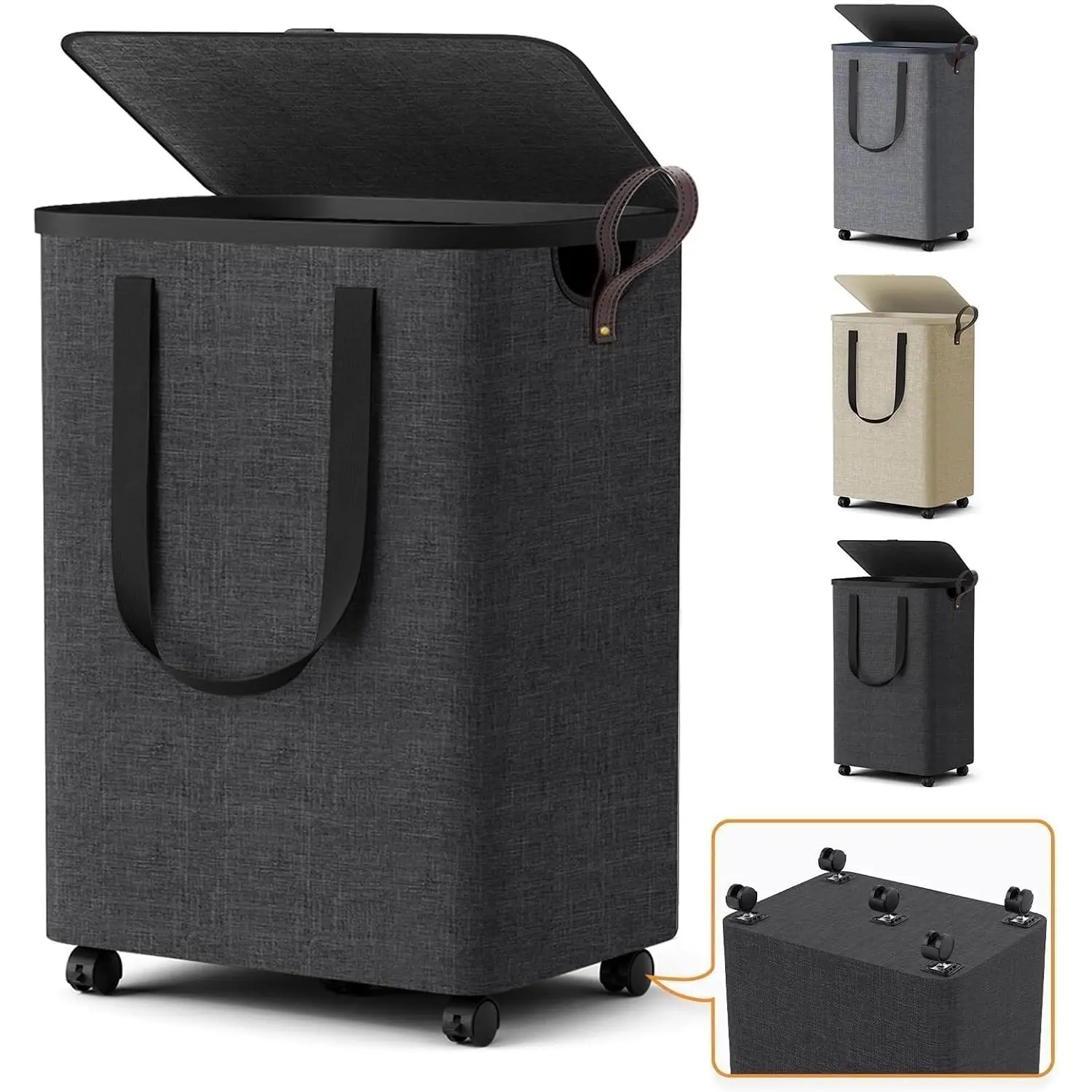 Laundry Basket with 5 Wheels, Tall Dirty Laundry Hamper, Rolling Laundry Basket with Lid, Collapsible Clothes Hamper for Bathroom Bedroom Dorm Laundry Room, Deep Gray, 75L