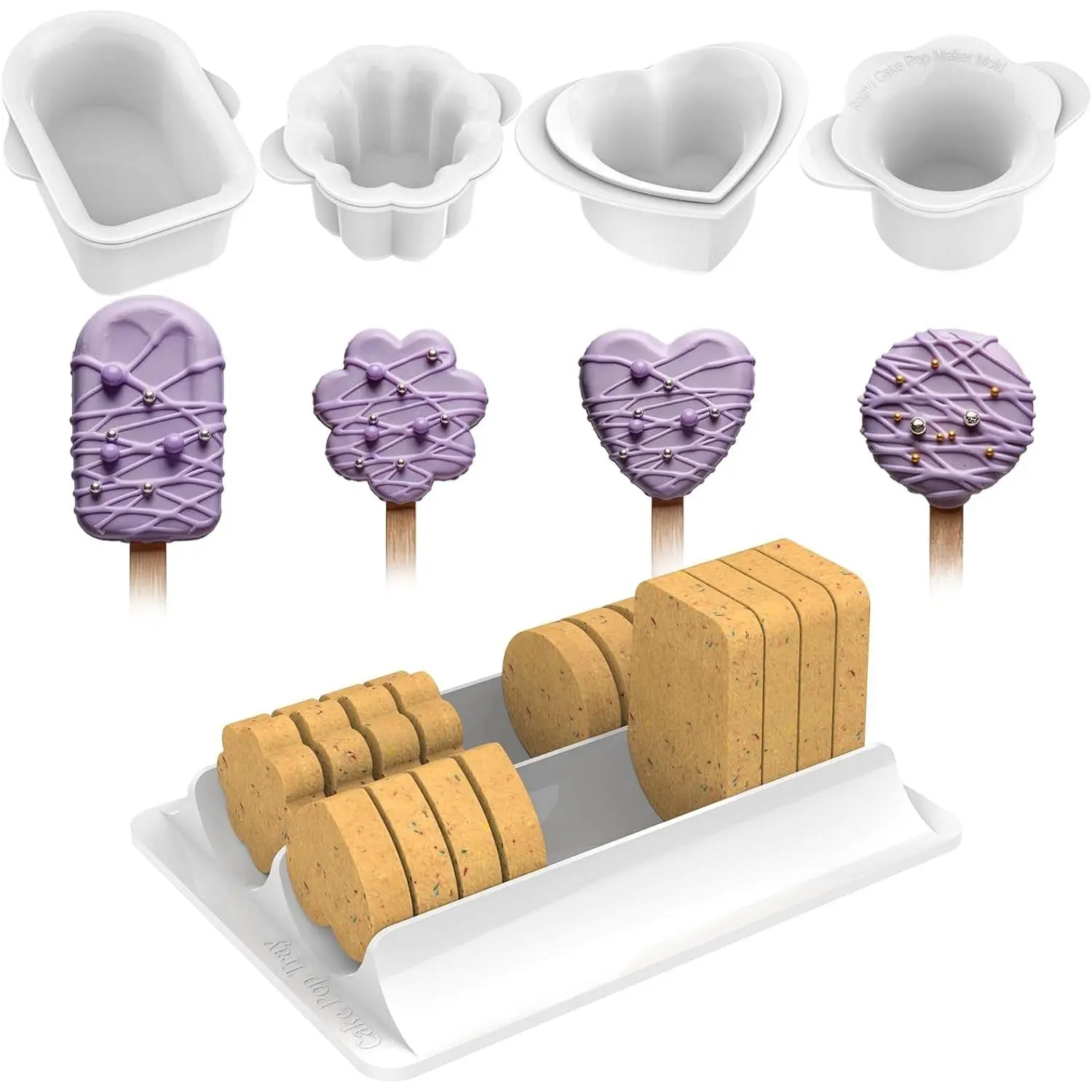 Cake Pop Molds Set with Tray, 4 Shapes, 1.75 Inch for DIY Homemade Cake Pop Lollipop Baking