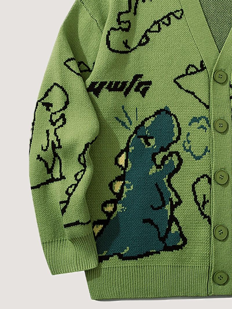 Men's Cartoon Dinosaur Print Pocket Button Front Cardigan, Loose Casual Drop Shoulder Long Sleeve V Neck Knitwear for Spring & Fall, Fashion Men's Knit Clothing for Daily Wear, Cartoon Print Sweater