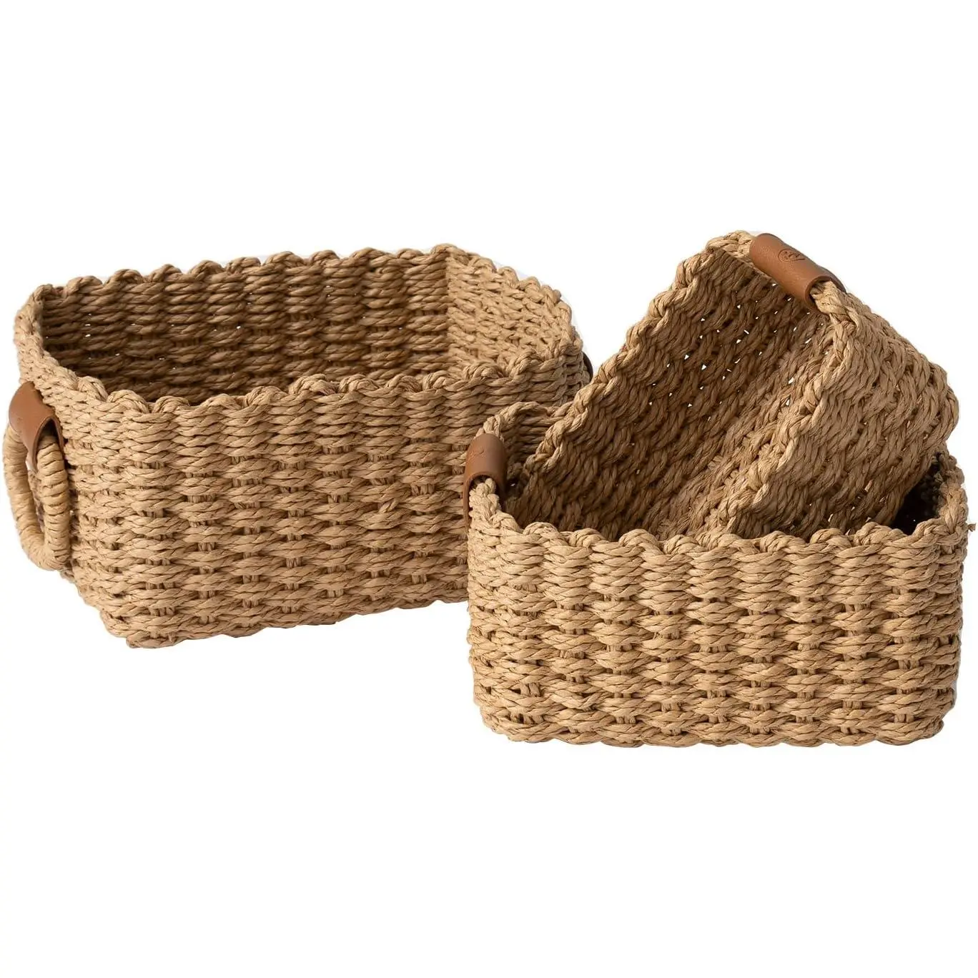 Small Wicker Baskets for Organizing, Recycled Paper Rope Storage Basket Container Bins for Shelves Bathroom Cupboards Drawer, Decorative Square Basket Organizer Set of 3