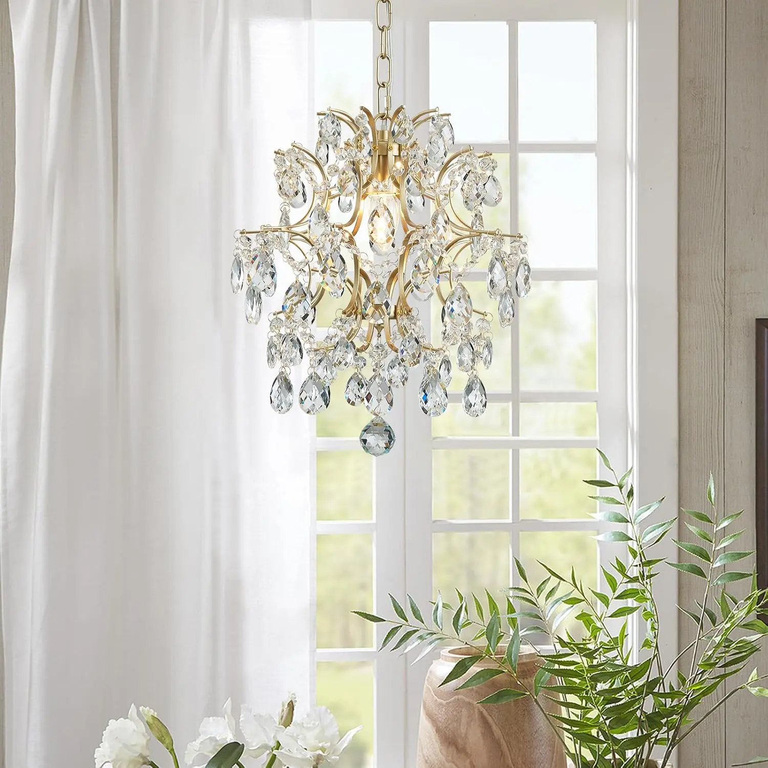 Gold Modern Pendant Chandelier Crystal Raindrop Lighting Ceiling Light Fixture Lamp for Dining Room Bathroom Bedroom Livingroom entryway 1 E26 Bulbs Required D13 in x H16 in