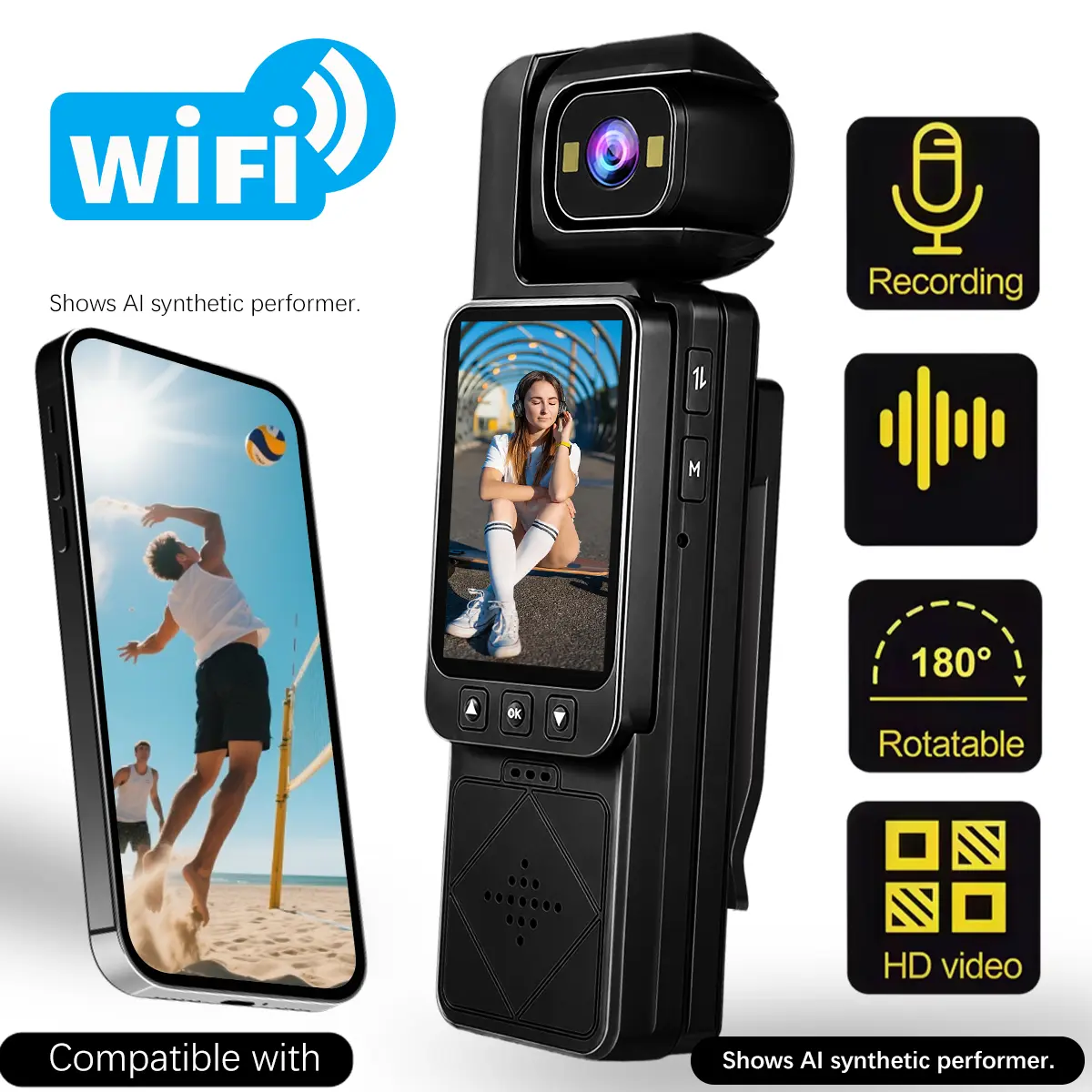 140° Rotating Lens Portable Action Camera, 6x Digital Zoom Sports Camera, Wide Angle Wearable Body Camera, Video Recording Camera for Sports & Vlogging, WiFi Transmission, IR Night Vision & Loop Recording, Gifts for Men and Women