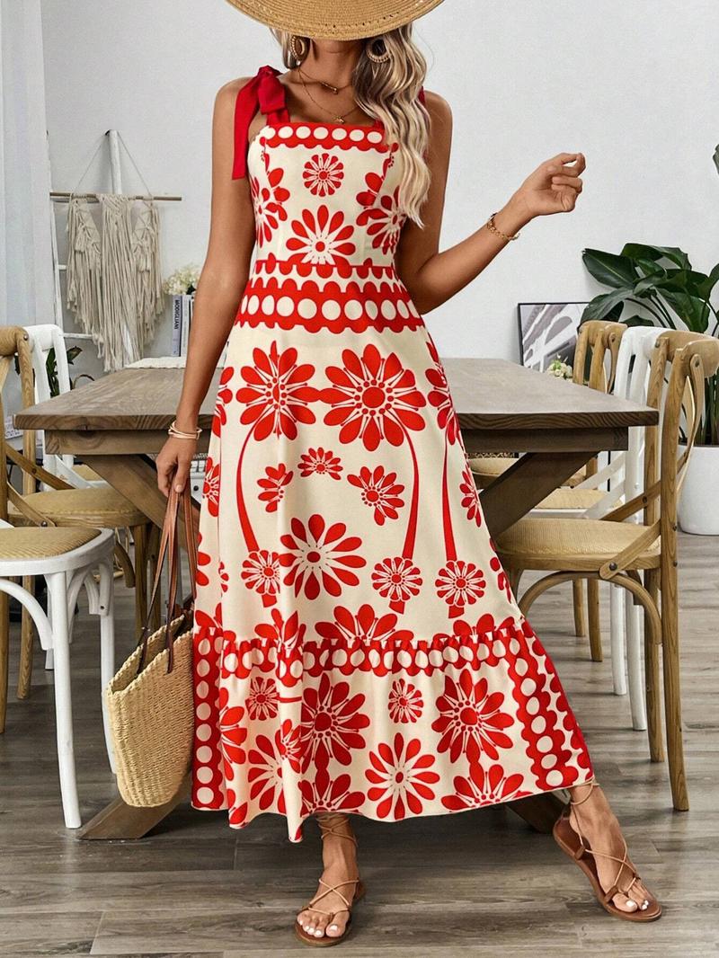 Women's Floral Print Tie Shoulder Dress, Casual Bohemian Sleeveless, Boho Sleeveless Dress for Beach Holiday Vacation, Ladies Summer Clothes