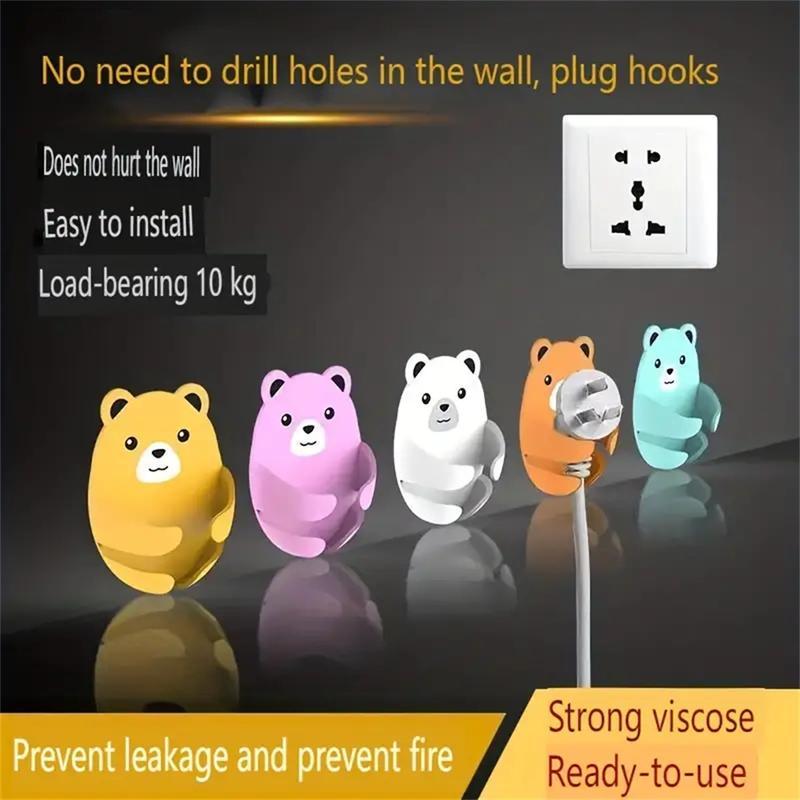 Multi Functional Hooks, 4 Counts/set Cartoon Hug Bear Non Drilling Adhesive Hook, Plug Hook, Power Socket Holder, Kitchen Bear Plug Storage Hook Wall