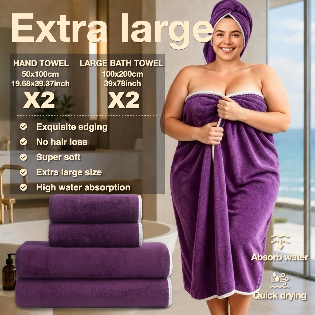 4-Piece Luxury Bath Towel Set, Giant 39x78inch, Thick Coral Fleece, Quick Drying Towels, Super Absorbent, Hotel Quality, Best Bath Towels, Multi-Use Spa Blanket