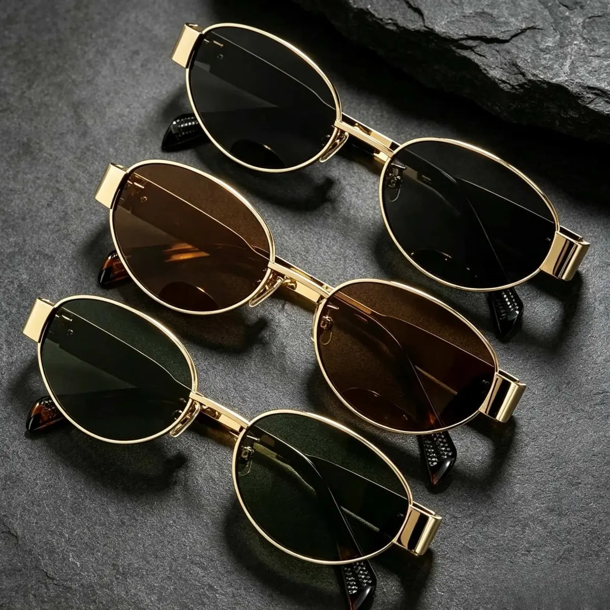 Three pairs of stylish oval sunglasses for women, with metal frames and tinted lenses, providing effective sun protection. Perfect for trendy beachwear. Fashionable sunglasses for women.