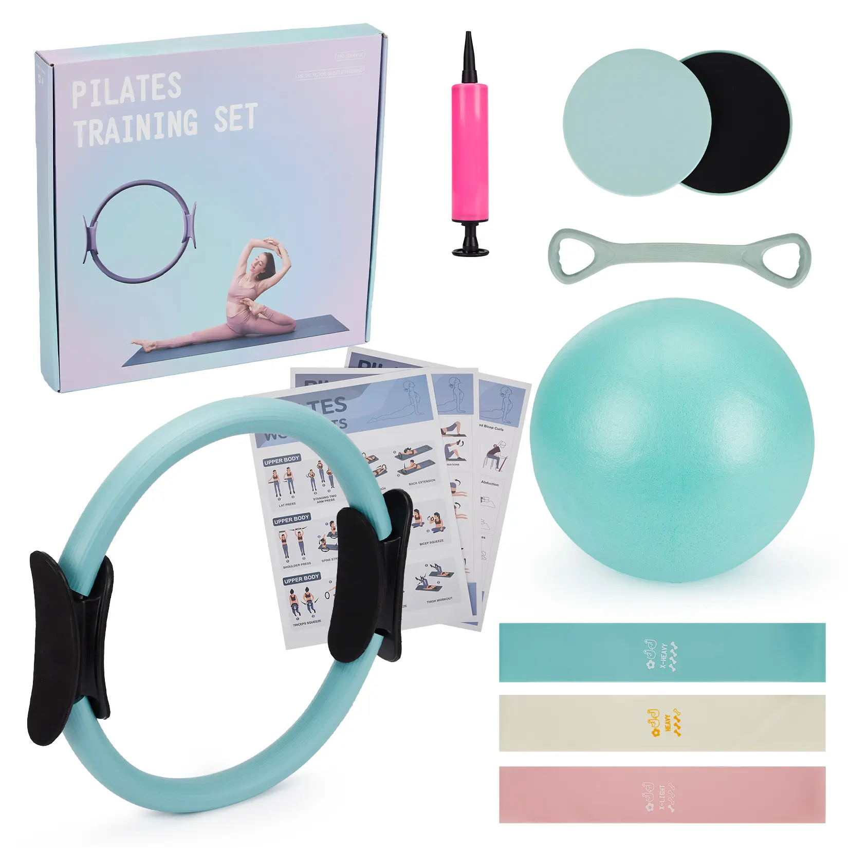 7-in-1 Pilates Equipment Set for Home Use – Complete Kit with Magic Circle, Exercise Ball, Resistance Bands, Core Sliders – Green – Full Body Fitness Training