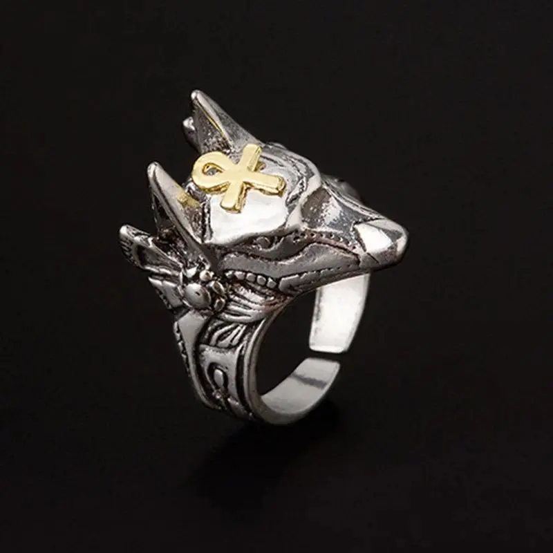 Men's Handmade Retro Egyptian Anubis Motif Open Band Ring - Punk Gothic Alternative Artistic Gothic Fantasy Ring, Resizable Male Costume Jewelry for Engagement, Biker Hiphop Accessory Gift