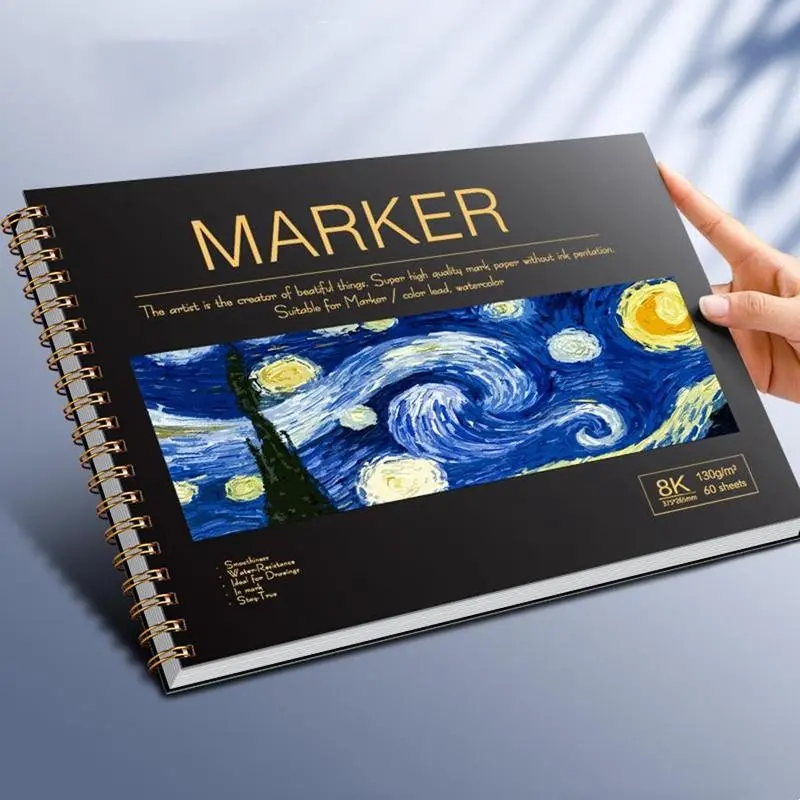 A4/8k Marker Drawing Pad, 60 Pages Hard Cover Spiral, Multi-Functional Sketchbook, Watercolor Practice Book, Home Office School Art Supplies