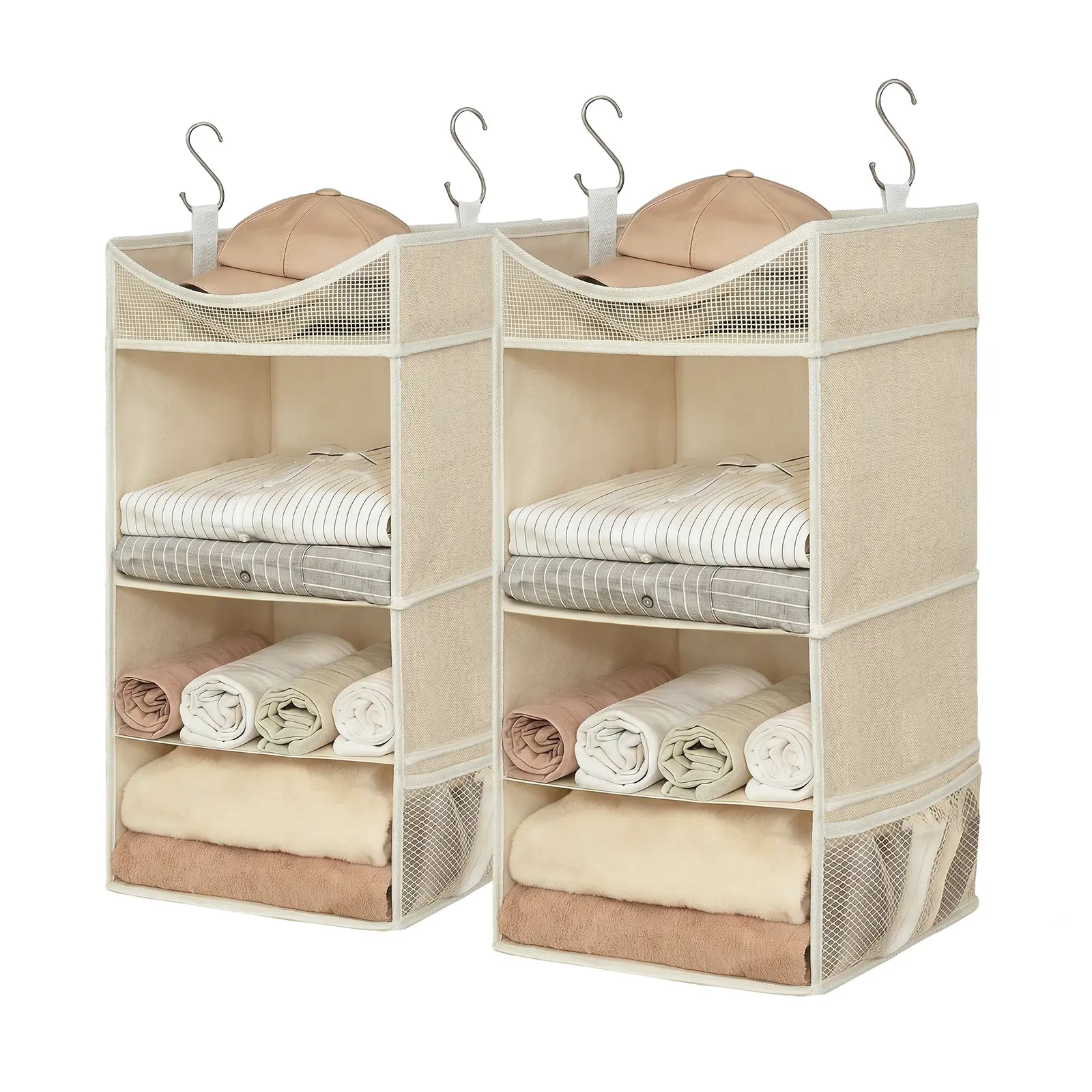 2-Pack 3-Shelf Hanging Closet Organizer – Heavy Duty Fabric Storage Shelves with Sturdy Hooks, Foldable Closet & Laundry Room Organizer for Sweaters, Towels & Hats (12.2"x12.2"x31.5")