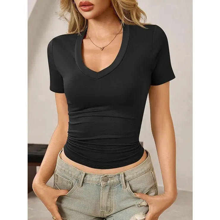 Imily Bela Women Summer Sexy Tee Deep V Neck Shirts Casual Slim Fit Basic Tshirt