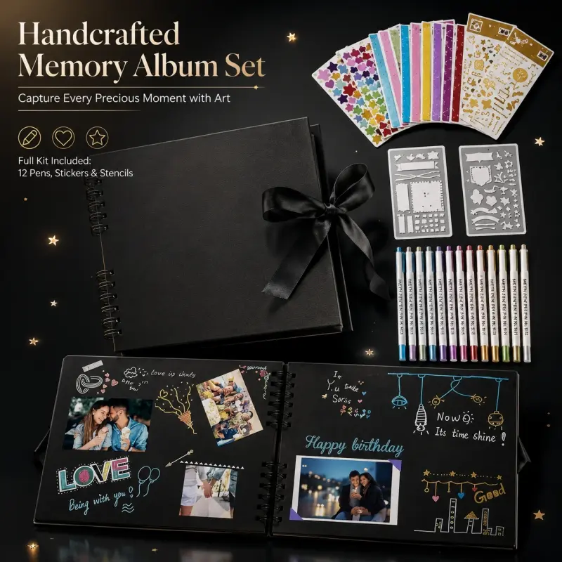 Creative Memory Scrapbook Kit, Art Journal Set with Markers, Stickers & Stencils Black Scrapbooking Paper DIY Craft Photo Album for Wedding, Travel, Birthday & Everyday Moments
