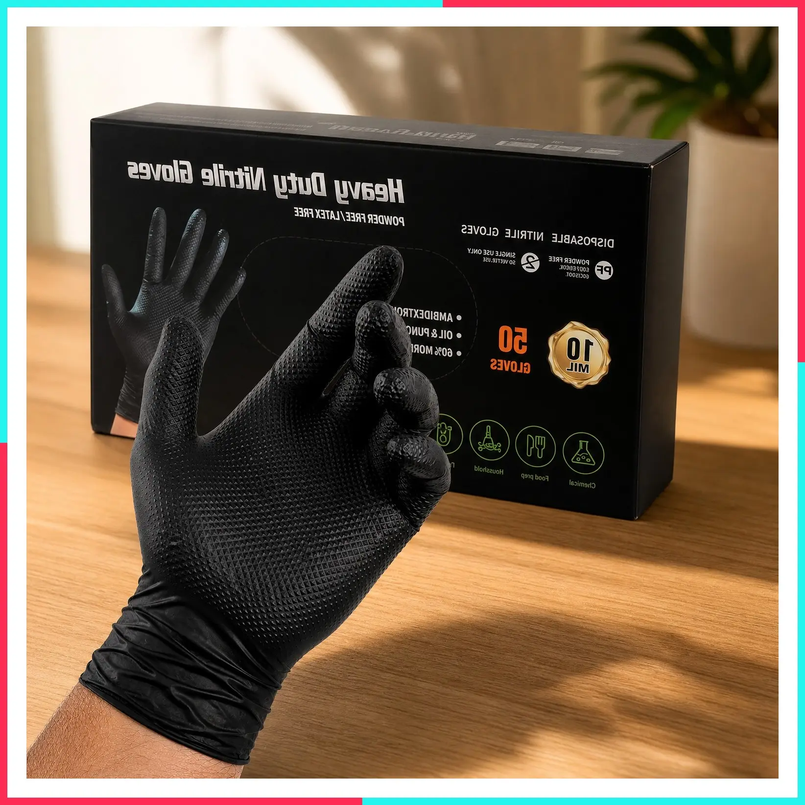 10 Mil Heavy Duty Black Nitrile Mechanic Gloves, 50 Count M | Diamond Grip, Latex & Powder Free for DIY Repairs, Home Garage, Motorcycle Maintenance & Everyday Projects