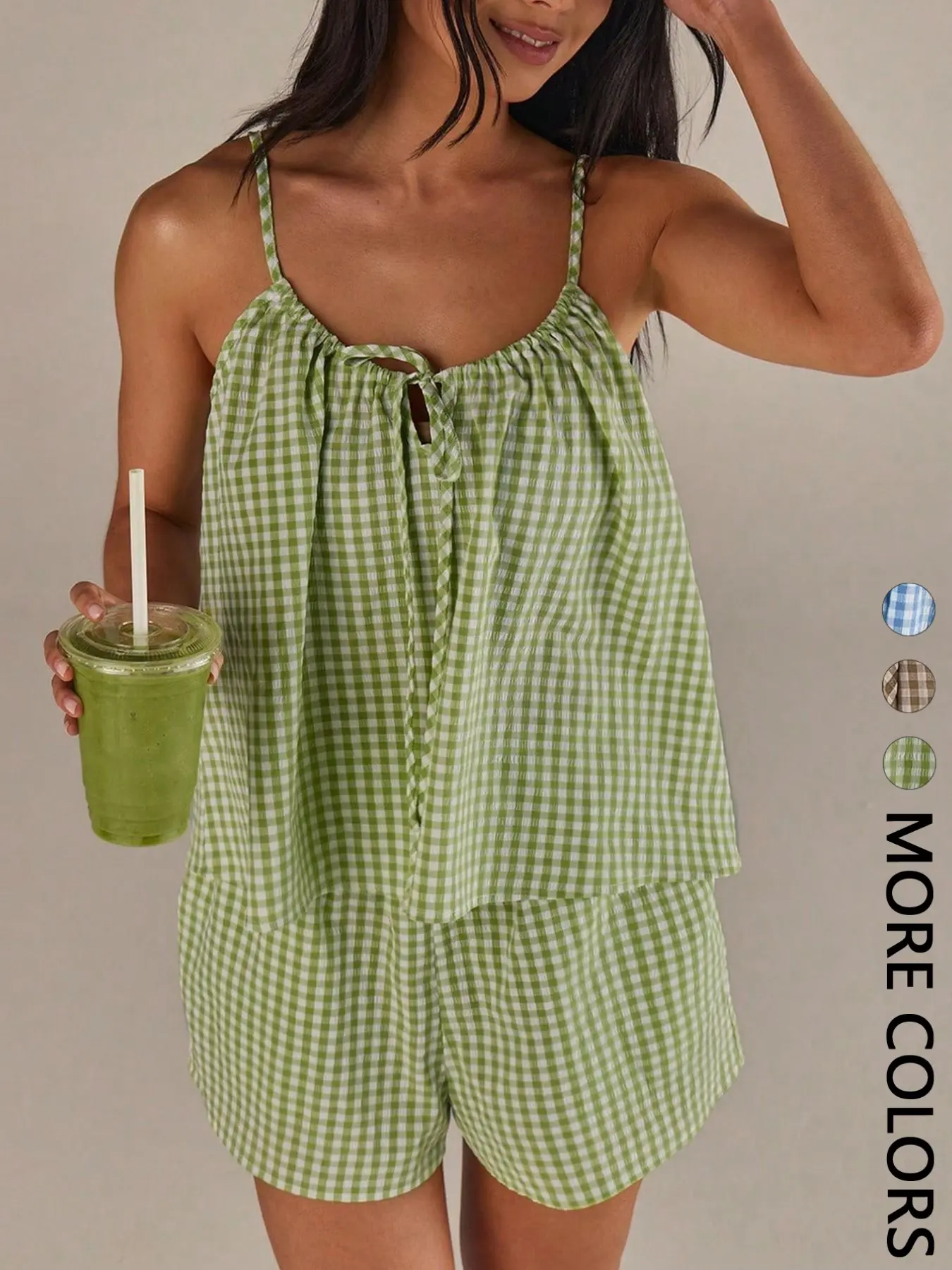 2PCS Women Gingham Seersucker Outfit, Adjustable Spaghetti Strap Cami Top with Front Keyhole Tie & Elastic Waist Shorts with Side Pockets, Breathable Lightweight Soft Fabric for Daily Casual Vacation Beach, Fresh Summer Casual