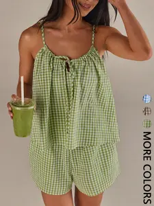 2PCS Women Gingham Seersucker Outfit, Adjustable Spaghetti Strap Cami Top with Front Keyhole Tie & Elastic Waist Shorts with Side Pockets, Breathable Lightweight Soft Fabric for Daily Casual Vacation Beach, Fresh Summer Casual