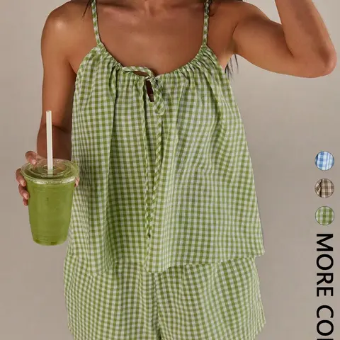 2PCS Women Gingham Seersucker Outfit Clothes, Adjustable Spaghetti Strap Cami Top with Front Keyhole Tie & Elastic Waist Shorts with Side Pockets, Breathable Lightweight Soft Fabric for Daily Casual Vacation Beach, Fresh Summer Casual Beach Outfits Set